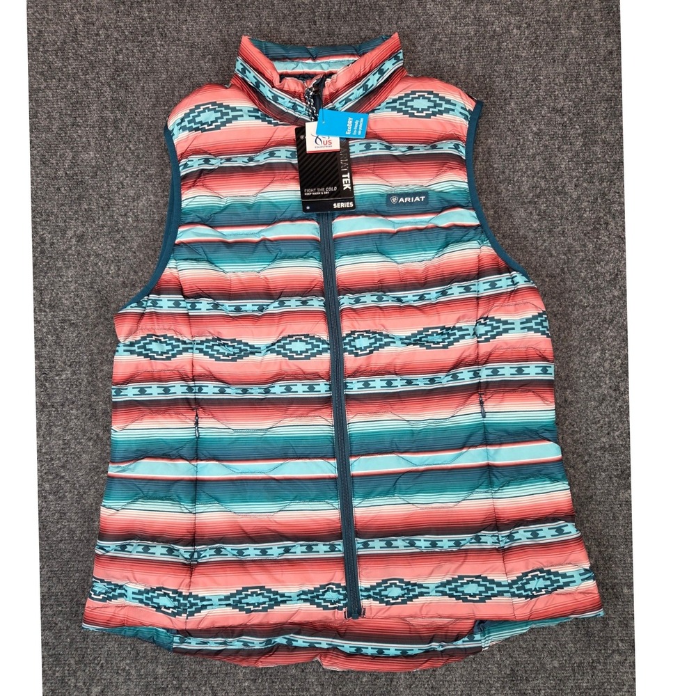 NEW Ariat Ideal 3.0 Down Vest Womens Large Serape Southwestern Puffer Coral Teal